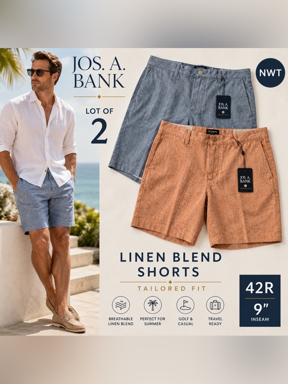 NWT Jos A Bank Lot 2 Linen Cotton Tailored Fit Shorts 42 Summer Golf Travel Wear